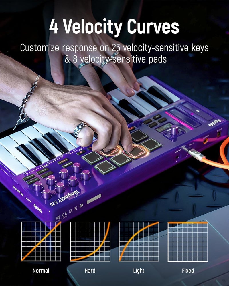 Synido 25 Key USB MIDI Keyboard Controller with Drum Pads, Professional Mini Midi Keyboard with OLED Screen, Beat Maker Machine for Music Production, Purple, TempoKEY K25 - Image 4